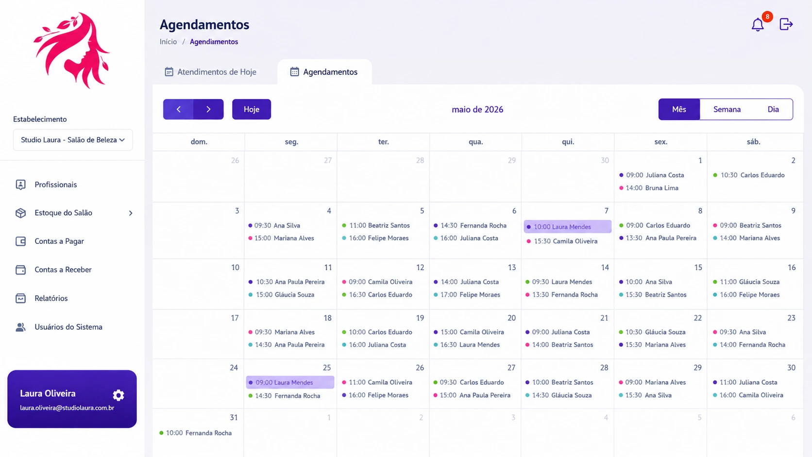Tela da agenda do Keep Musas mostrando os horários de atendimento.