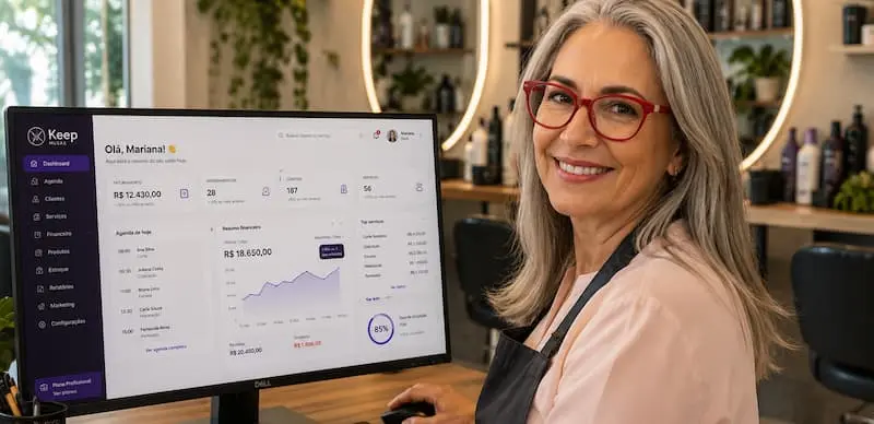 Profissional de salão utilizando o sistema Keep Musas em um computador.